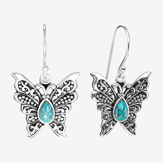Womens Enhanced Blue Turquoise Sterling Silver Butterfly Drop Earrings