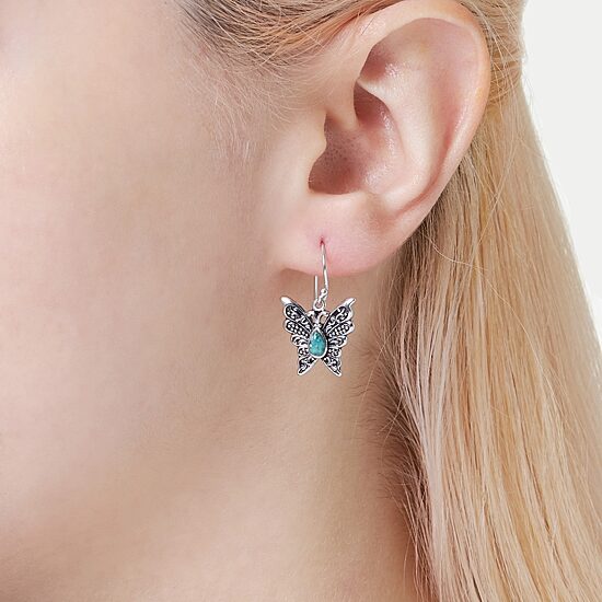 Womens Enhanced Blue Turquoise Sterling Silver Butterfly Drop Earrings