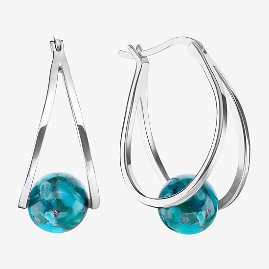 Womens Enhanced Blue Turquoise Sterling Silver 26.4mm Ball Round Hoop Earrings