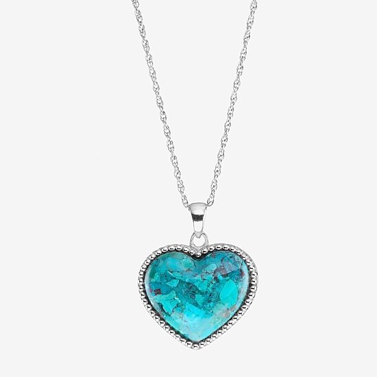 Womens Enhanced Blue Turquoise Sterling Silver Heart 18 Inch Pendant Necklace