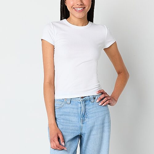 Arizona Womens Juniors Crew Neck Short Sleeve Regular Fit Graphic T-Shirt, Xx-small, White