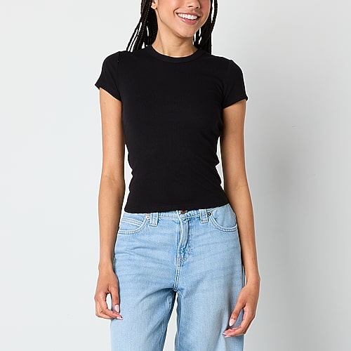 Arizona Womens Juniors Crew Neck Short Sleeve Regular Fit Graphic T-shirt In Black