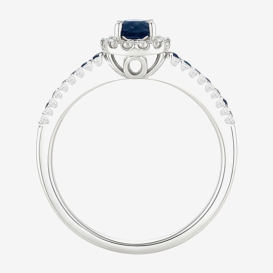 (J-K/I2-I3) Womens 1/5 CT. Genuine Blue Sapphire 10K Gold Oval Halo Side Stone Cocktail Ring
