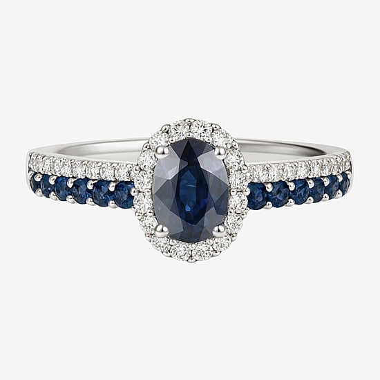 (J-K/I2-I3) Womens 1/5 CT. Genuine Blue Sapphire 10K Gold Oval Halo Side Stone Cocktail Ring