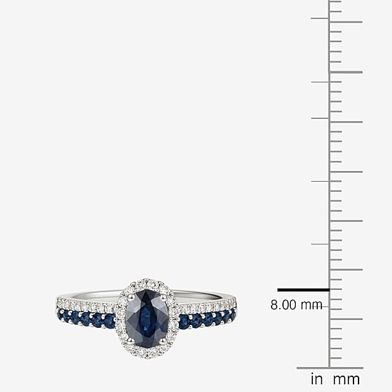 (J-K/I2-I3) Womens 1/5 CT. Genuine Blue Sapphire 10K Gold Oval Halo Side Stone Cocktail Ring