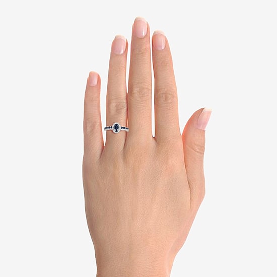 (J-K/I2-I3) Womens 1/5 CT. Genuine Blue Sapphire 10K Gold Oval Halo Side Stone Cocktail Ring
