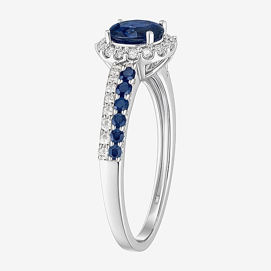 (J-K/I2-I3) Womens 1/5 CT. Genuine Blue Sapphire 10K Gold Oval Halo Side Stone Cocktail Ring