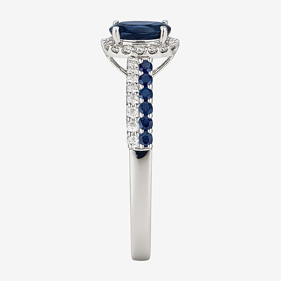 (J-K/I2-I3) Womens 1/5 CT. Genuine Blue Sapphire 10K Gold Oval Halo Side Stone Cocktail Ring