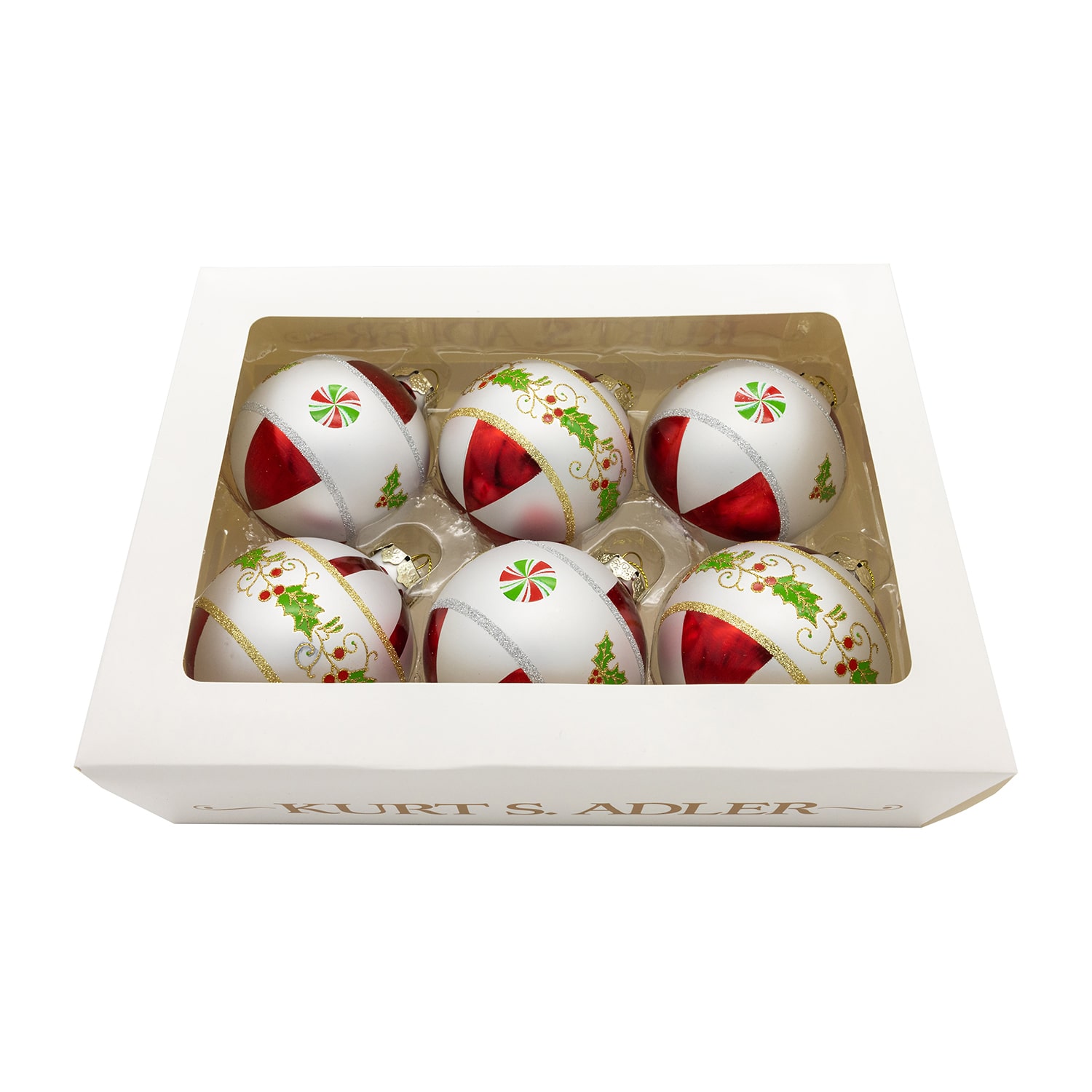 Kurt Adler 80mm Holly Leaves Glass Ball 6-pc. Christmas Ornament
