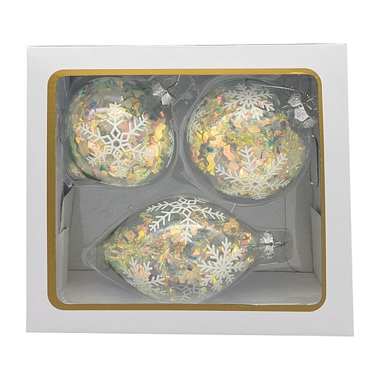 Kurt Adler 90mm Glass Iridescent Snowflake Ball Finial And Onion 3-pc. Christmas Ornament