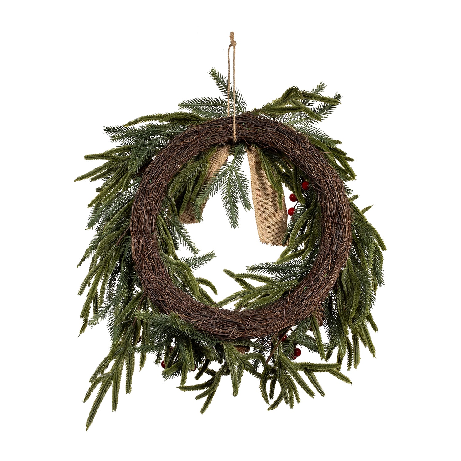 Kurt Adler 24" Unlit Berries And Pinecone Rattan Wreath