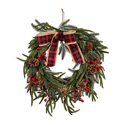Kurt S. Adler WRT0316 24 in. Unlit Berries & Pinecone Rattan Wreath - Green