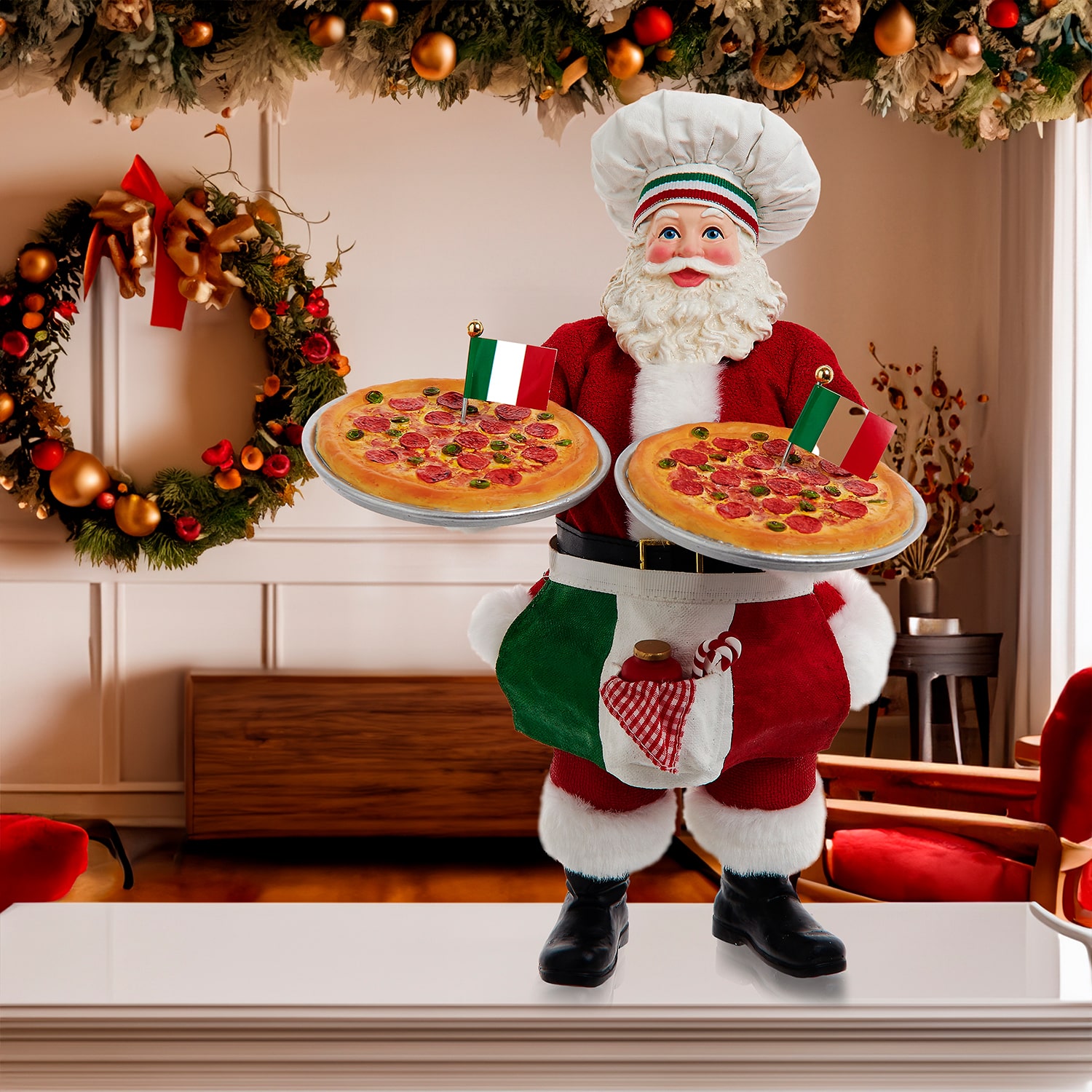 Kurt Adler 11" Fabriche Chef  Holding Two Trays Of Pizza Christmas Figurine