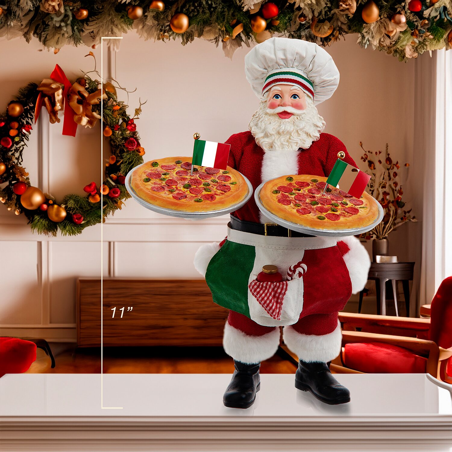 Kurt Adler 11" Fabriche Chef  Holding Two Trays Of Pizza Christmas Figurine