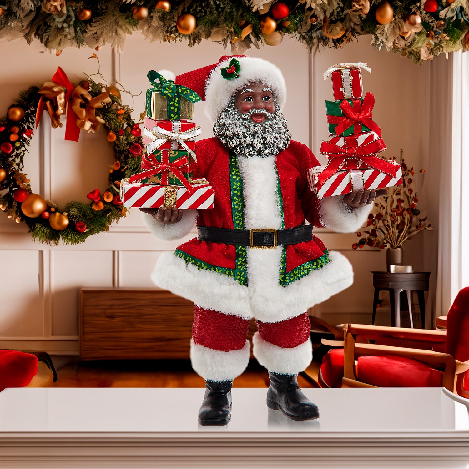 Kurt Adler 10.5" Fabriche African American  With Gifts Christmas Figurine