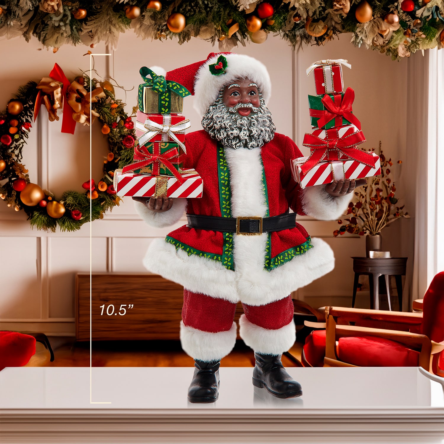 Kurt Adler 10.5" Fabriche African American  With Gifts Christmas Figurine