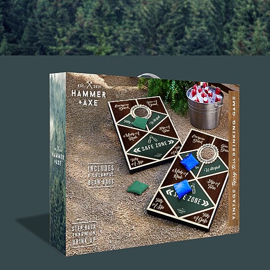 Hammer + Axe Vintage Tipsy Toss Drinking Game, Premium Wood Cornhole With 8 Bean Bags and Carrying Handles