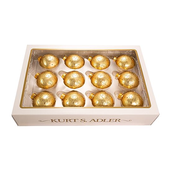 Kurt Adler 60MM Gold With Pattern Glass Ornaments 12-Piece Box