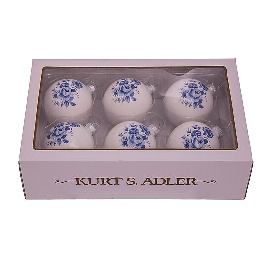 Kurt Adler 80MM Delft Blue Shiny Glass Ball Ornaments 6-Piece Set