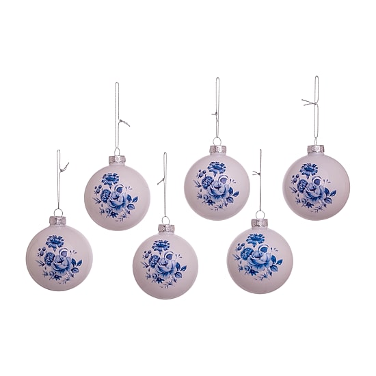 Kurt Adler 80MM Delft Blue Shiny Glass Ball Ornaments 6-Piece Set