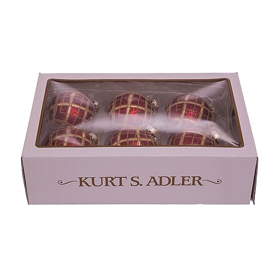 Kurt Adler 80MM Red with Gold Plaid Glass Ball Ornaments 6-Piece Set