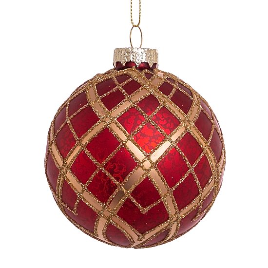Kurt Adler 80MM Red with Gold Plaid Glass Ball Ornaments 6-Piece Set