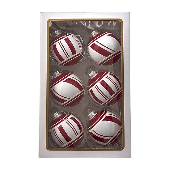 Kurt Adler 80MM Red and White Glass Ball Ornaments 6 Piece Set