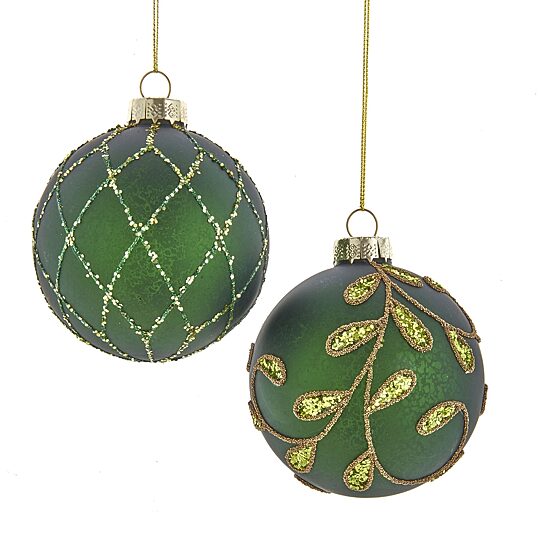 Kurt Adler 80MM Gold and Emerald Green Embellish Ball Ornaments 6 Piece Set