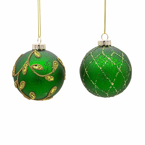 Kurt Adler 80MM Gold and Emerald Green Embellish Ball Ornaments 6 Piece Set