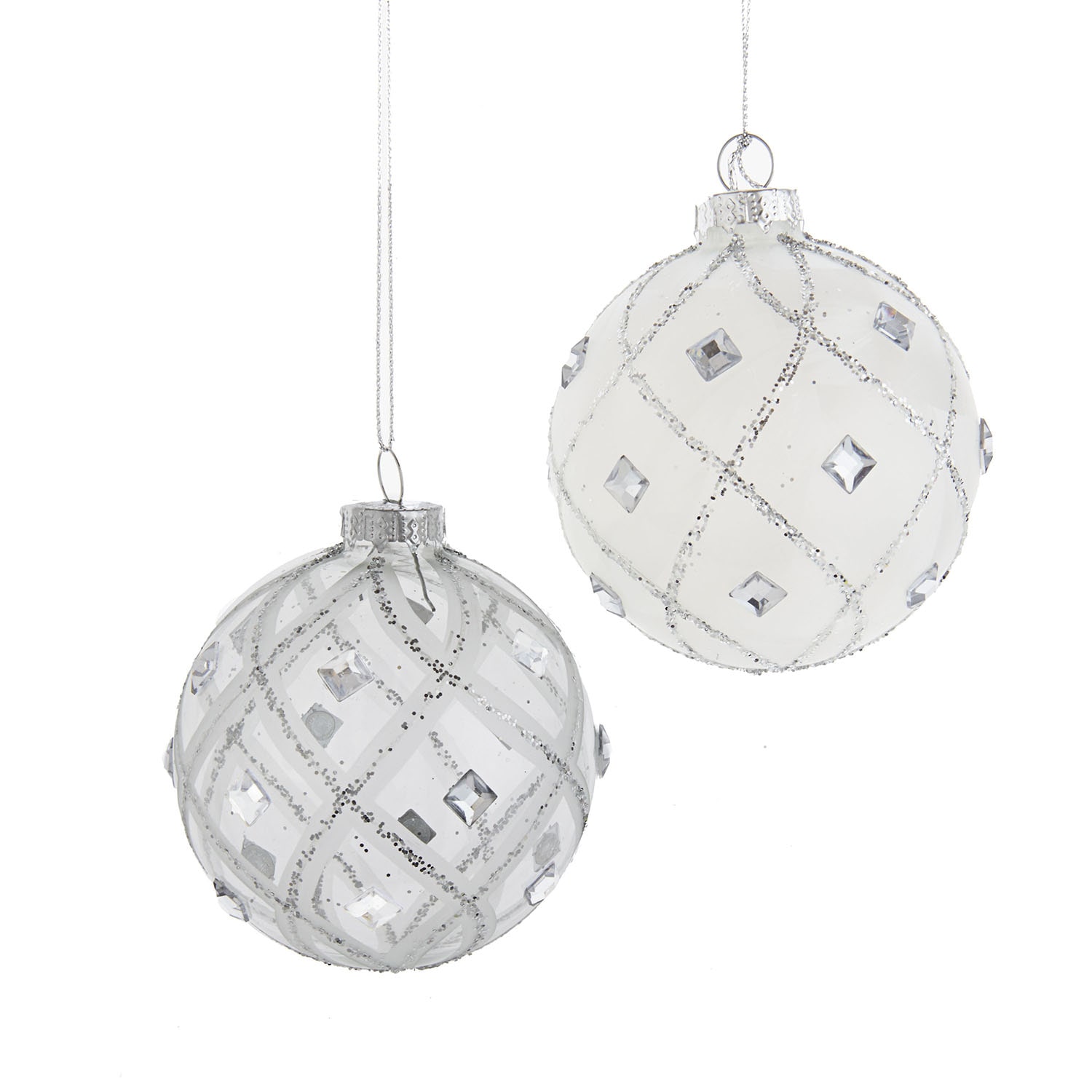 Kurt Adler 80MM Jeweled Clear Feather White Ball Ornaments 6 Piece Set