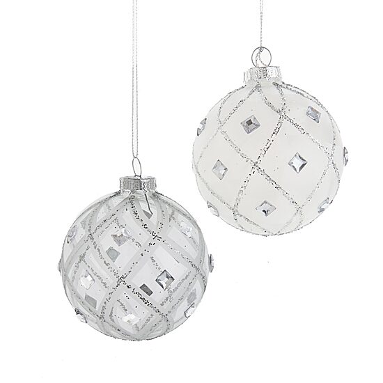 Kurt Adler 80MM Jeweled Clear Feather White Ball Ornaments 6 Piece Set