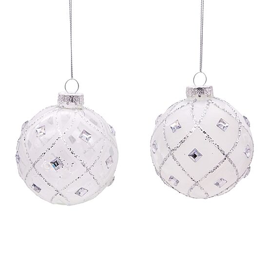 Kurt Adler 80MM Jeweled Clear Feather White Ball Ornaments 6 Piece Set