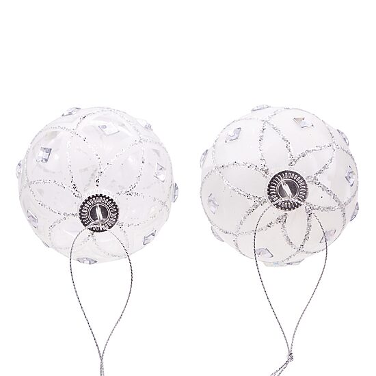 Kurt Adler 80MM Jeweled Clear Feather White Ball Ornaments 6 Piece Set