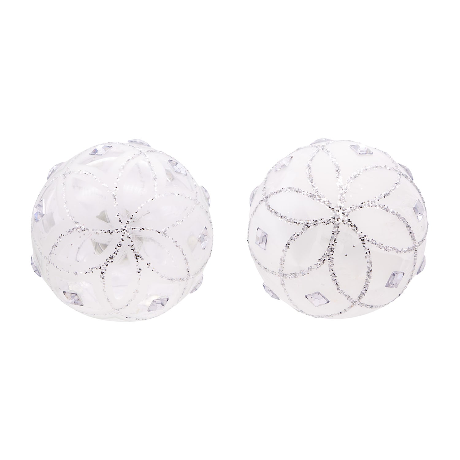 Kurt Adler 80MM Jeweled Clear Feather White Ball Ornaments 6 Piece Set