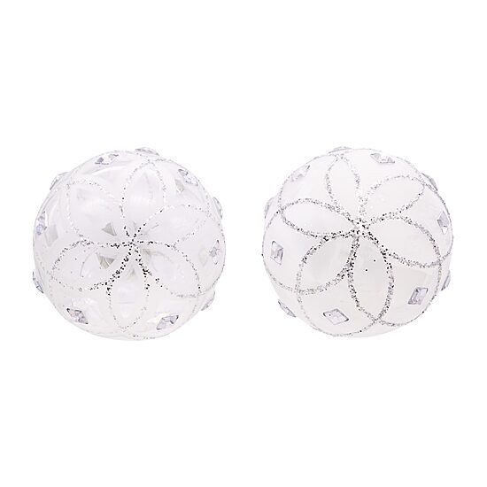 Kurt Adler 80MM Jeweled Clear Feather White Ball Ornaments 6 Piece Set