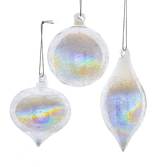 Kurt Adler 80MM Clear Iridescent Ball Onion and Teardrop Ornaments 3 Piece Set