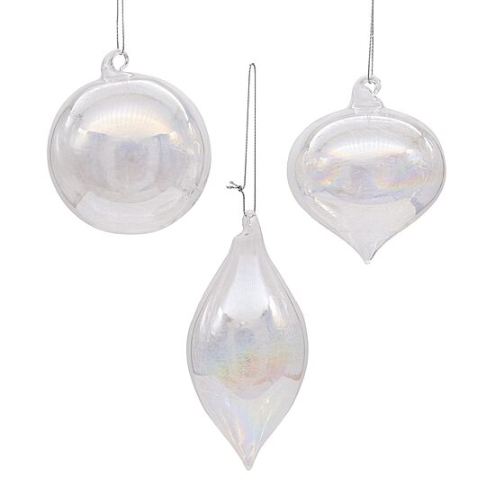 Kurt Adler 80MM Clear Iridescent Ball Onion and Teardrop Ornaments 3 Piece Set