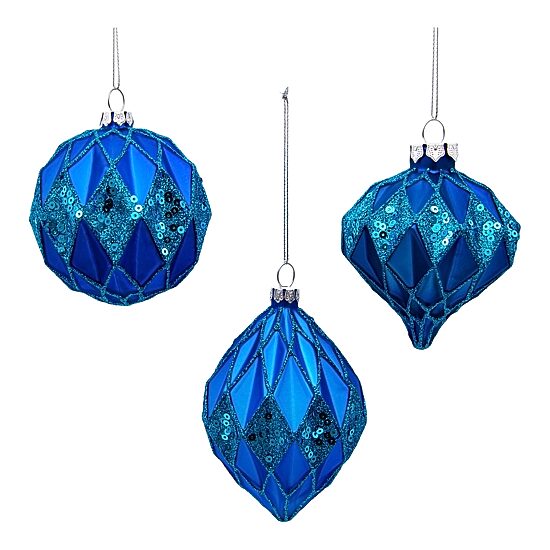 Kurt Adler 80MM Glittered Sequin Blue Ball Finial and Onion 3 Piece Set