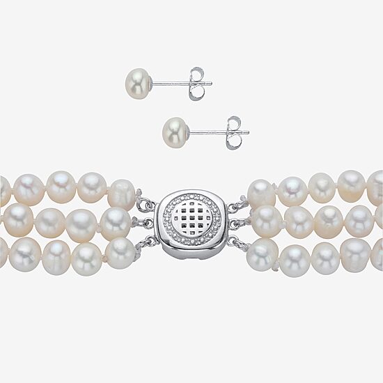 Womens White Cultured Freshwater Pearl Sterling Silver 3-pc. Jewelry Set