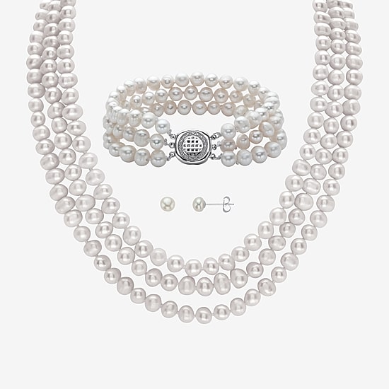 Womens White Cultured Freshwater Pearl Sterling Silver 3-pc. Jewelry Set