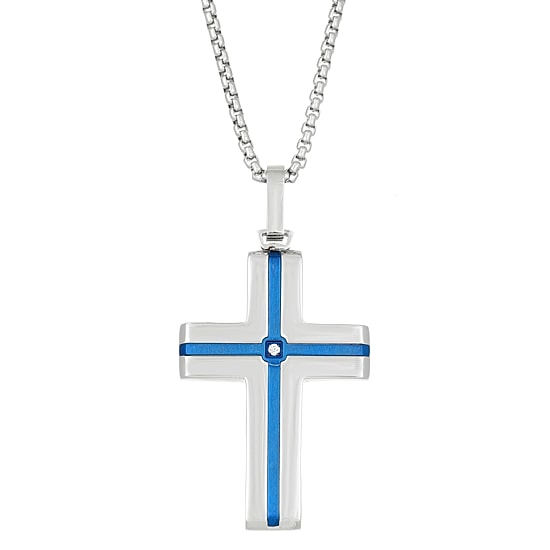 Mens White Cubic Zirconia Stainless Steel Cross 24 Inch Pendant Necklace