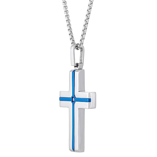 Mens White Cubic Zirconia Stainless Steel Cross 24 Inch Pendant Necklace