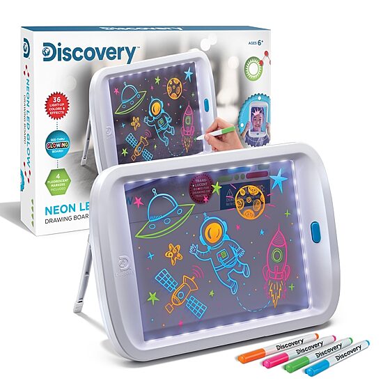 Discovery Kids Neon LED Glow Drawing Board With 4 Fluorescent Markers, 5-piece, Age 6+