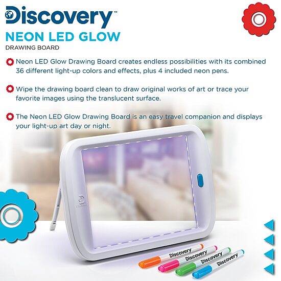 Discovery Kids Neon LED Glow Drawing Board With 4 Fluorescent Markers, 5-piece, Age 6+