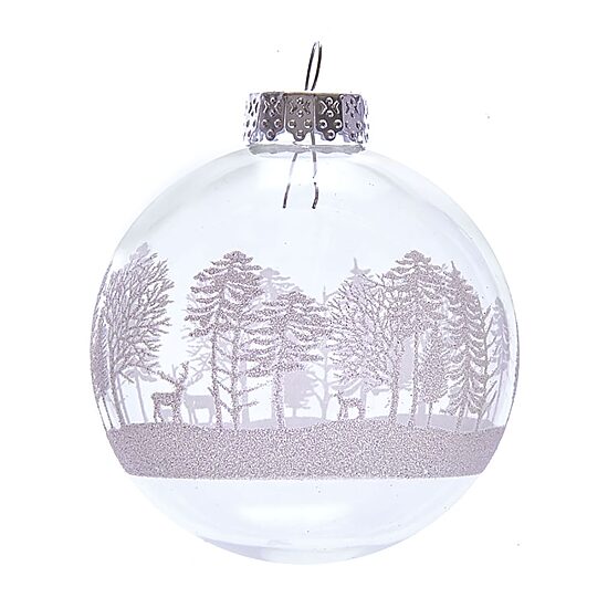 Kurt Adler 80MM Clear with White Tree Design Glass Ball Ornaments 6 Piece Box