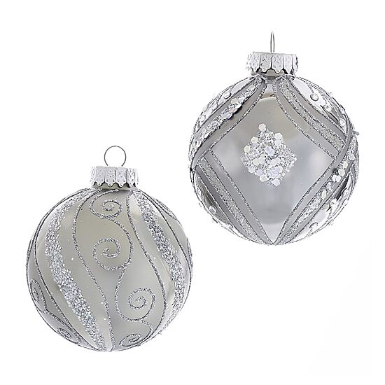 Kurt Adler 80MM Matte and Shiny Silver with Glitter Glass Ball Ornaments 6 Piece Box
