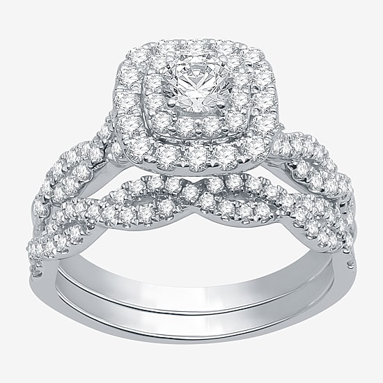 (H-I / I1) Womens 1 1/2 CT. T.W. Lab Grown White Diamond 10K Gold Cushion Side Stone Halo Bridal Set