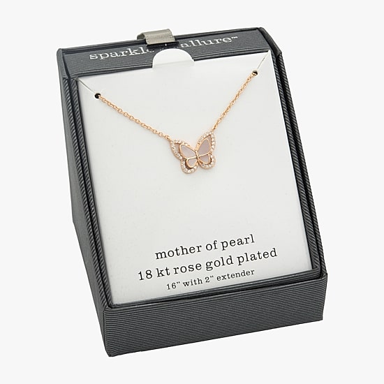 Sparkle Allure Halo Womens Pink Mother Of Pearl Cultured Freshwater Pearl 18K Rose Gold Over Brass Butterfly 16 Inch Pendant Necklace