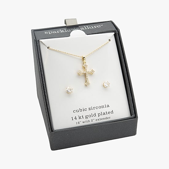 Sparkle Allure Womens Cubic Zirconia 14K Gold Over Brass Cross 2-pc. Jewelry Set