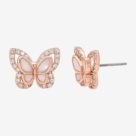 Sparkle Allure Pink Mother Of Pearl Cultured Freshwater Pearl 18K Rose Gold Over Brass 13mm Butterfly Stud Earrings